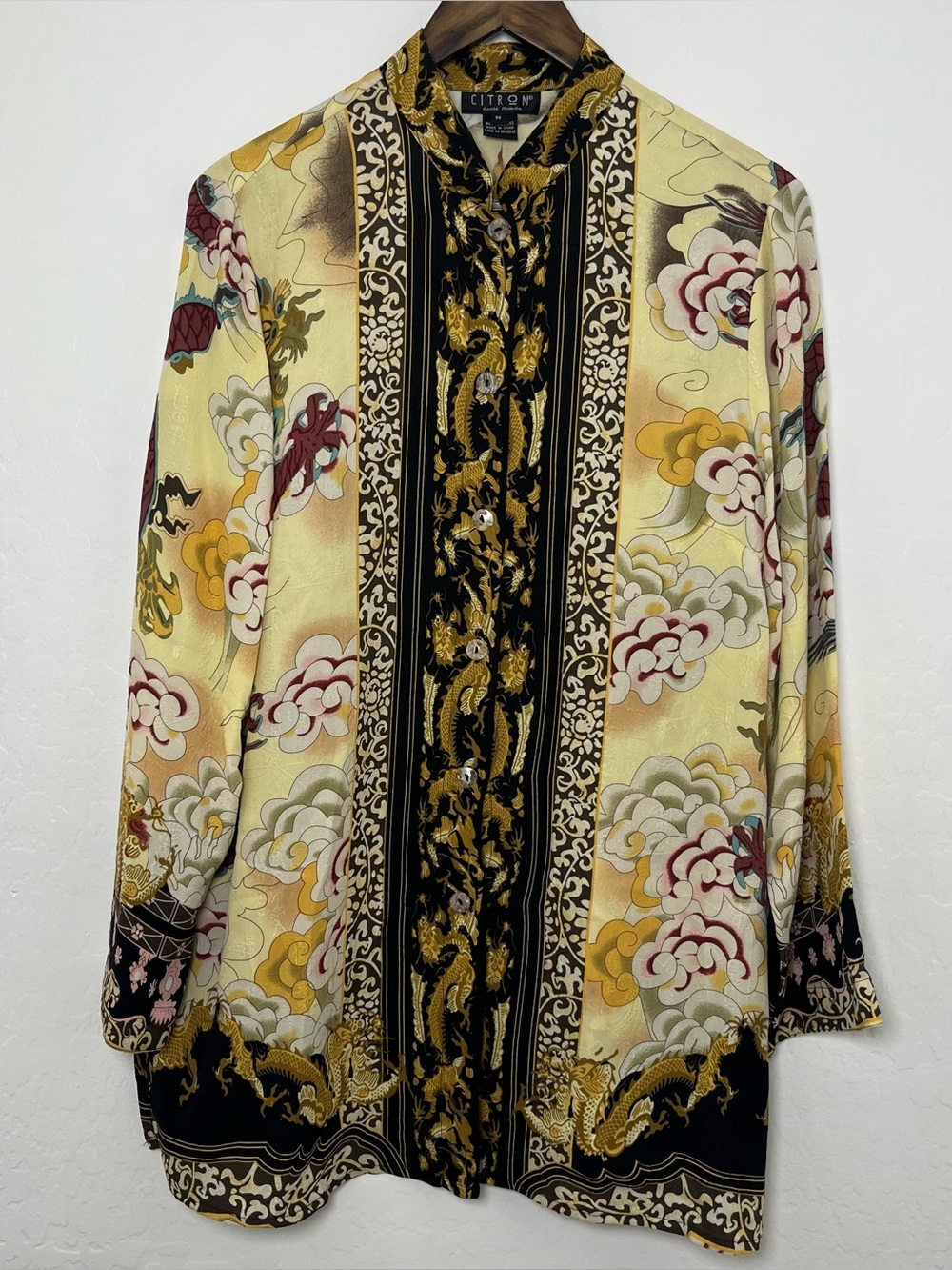 Citron Santa Monica 100% Silk Dragon Tunic Kimono Blouse Shirt Asian Motif M